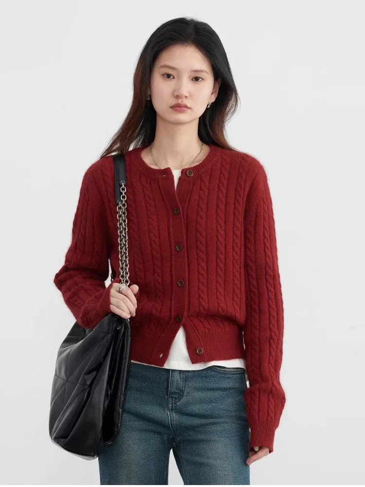 CHIC VEN Women Cardigan Casual Red  Round Neck Twisted Raccoon Hair Female Knitted Sweaters Ladies Jumpers Spring Autumn 2024