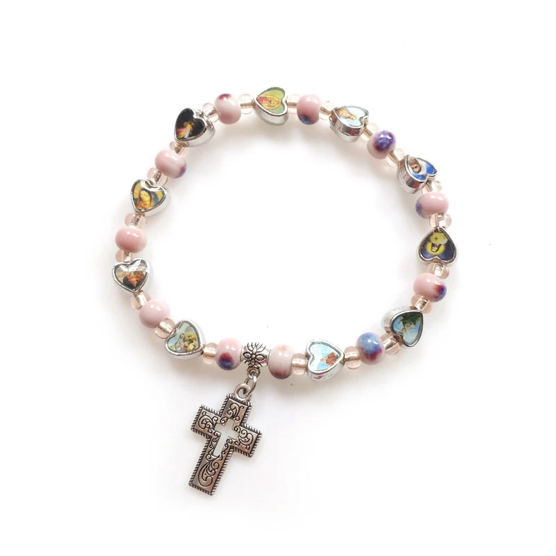 QIGO Pink Ceramic Strand Cross Pendant Bracelets For Women Religous Jewelry