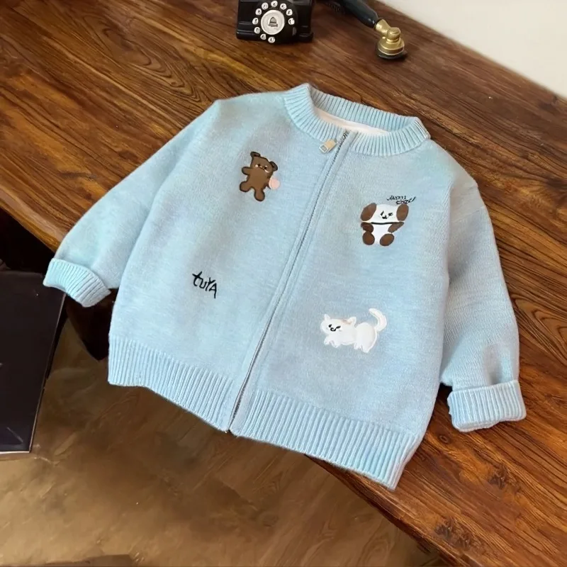 UNITIM Herbst Kinder Mädchen Reißverschluss-Pullover Mantel 2-8 Jahre Baby Mädchen Cartoon Stickerei Strickjacke Kinder Mädchen Blaue Strickwaren – Detail 4