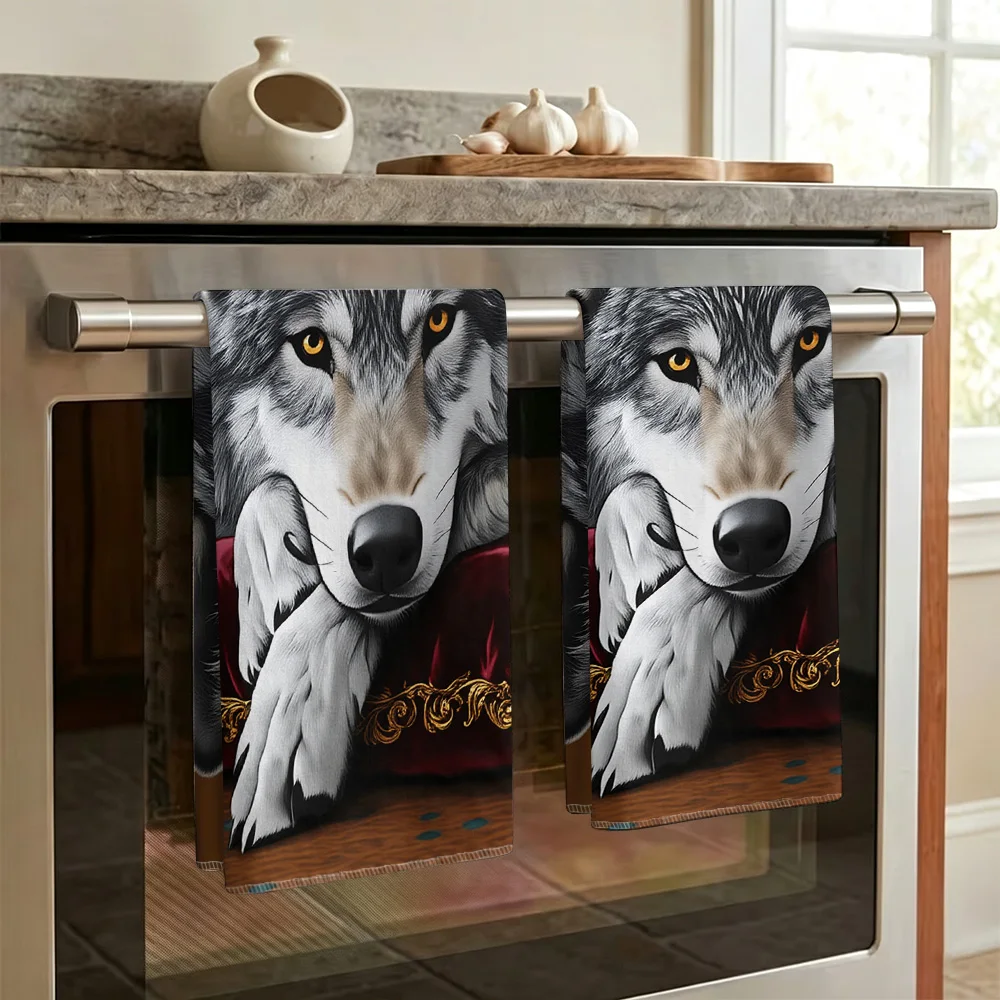 1pc/2pcs Kitchen Towel with King Wolf and Crown Print-Super absorbent, reusable polyester dishcloths perfect for home decor, coo