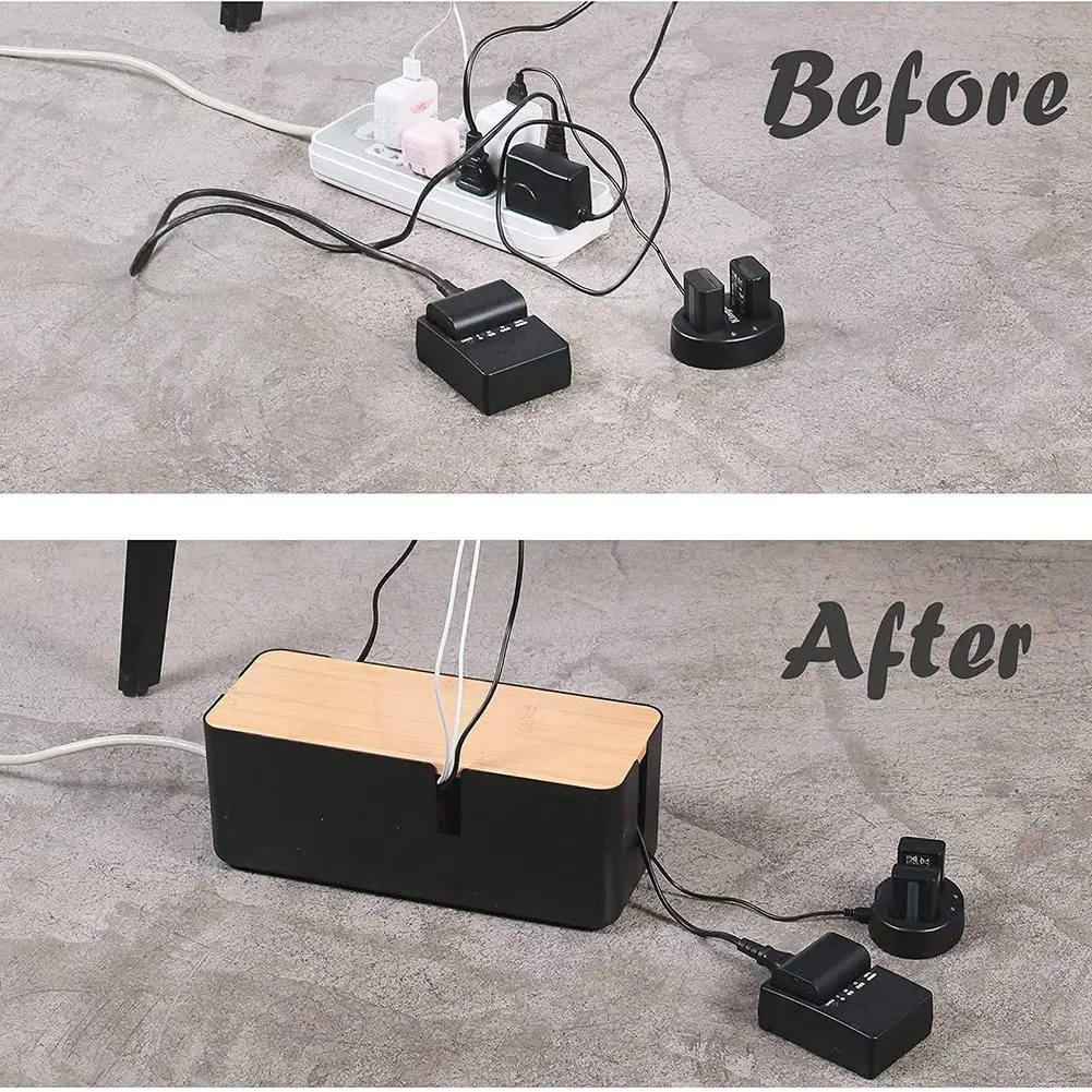 X10A Cable Management Box with Bamboo Lid Small Cable Organizer Box for Extension Cord Power Stripe Surge Protector(Black)