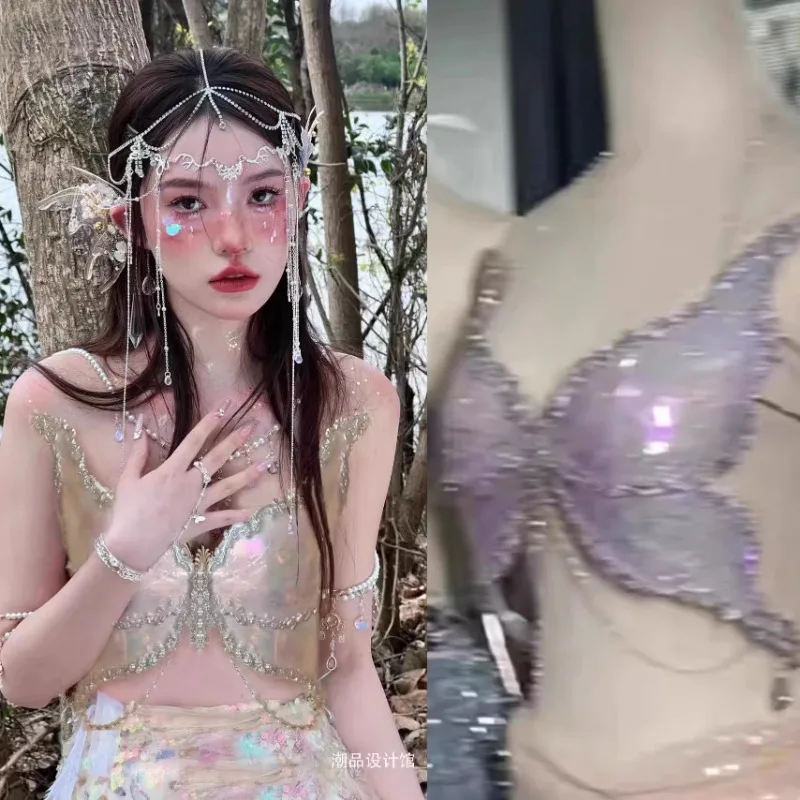 customized mermaid sexy dreamy silver shimmer butterfly shell glossy top corset camisole strapless sequined skirt bellydance bra