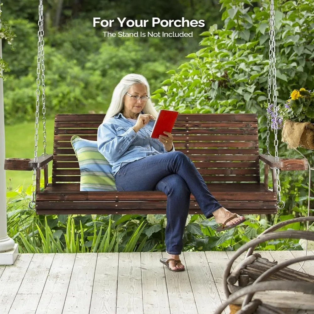 

XL Size Patio Wooden Outdoor with Cup Holders & Phone Slots, Heavy Duty 880 LBS with Hanging Chains (5 FT), Patio Swings