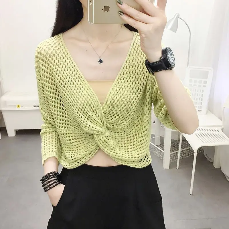 Short Blouse for Women Loose Fitting Summer Navel Exposed with Skirt Hollowed Out Knit Cross V-neck High Waisted Top for Women