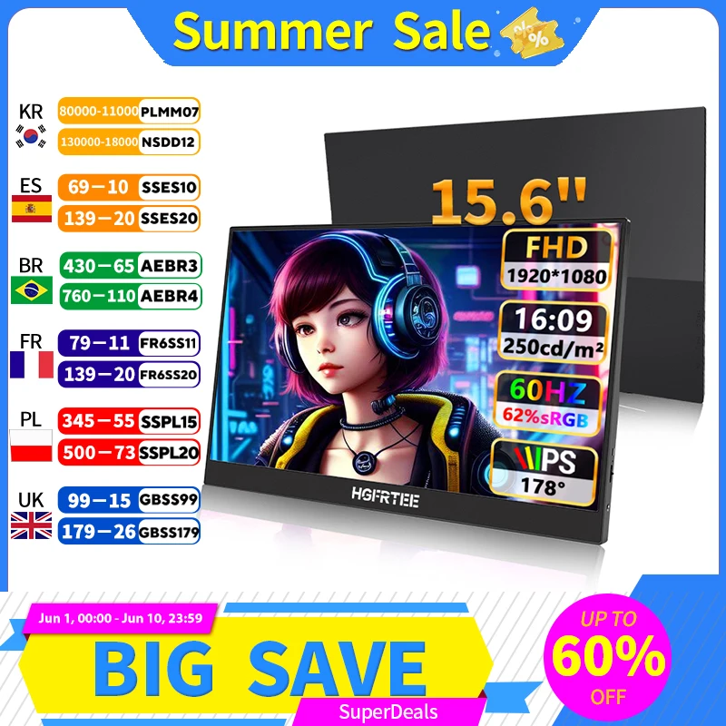 HGFRTEE Ultra-Slim Portable Monitor 15.6'' FHD 1080P 250cd/m Dual Type-C & HDMI Interface for Laptop PC Phone PS4 Xbox Switch