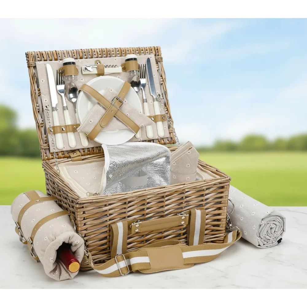 

19Pcs Picnic Basket Set with Waterproof Blanket & Wine Cooler - Large Wicker Hamper for Couples Outdoor Camping