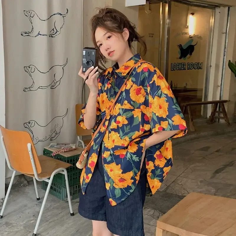 

Retro Holiday Shirts Women Short Sleeve Chic Baggy Classic Casual Mujer Blusas Ulzzang Tops Summer Vintage Floral Design Fashion