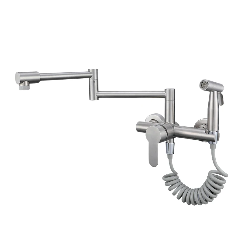 Grifo de llenado de ollas, grifo de fregadero de doble orificio montado en la pared con pulverizador de mano, grifo de fregadero plegable de una sola manija, grifo de fregadero de cocina