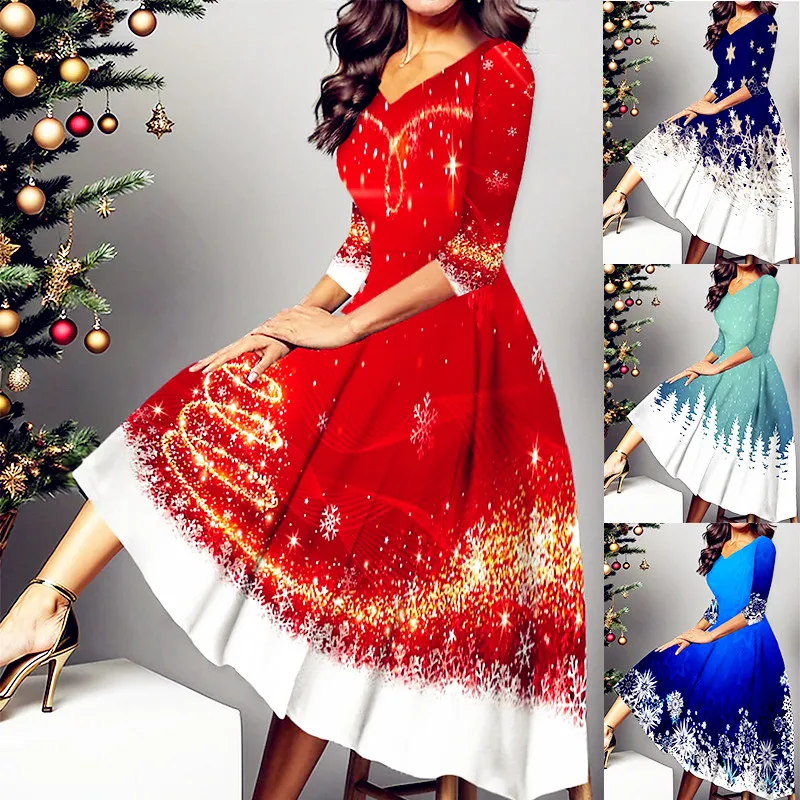 Women Loose Summer Floral Vintage Sexy Ruffles Printed Befree Dress Christmas Boho Casual Party Elegant Maxi Dresse