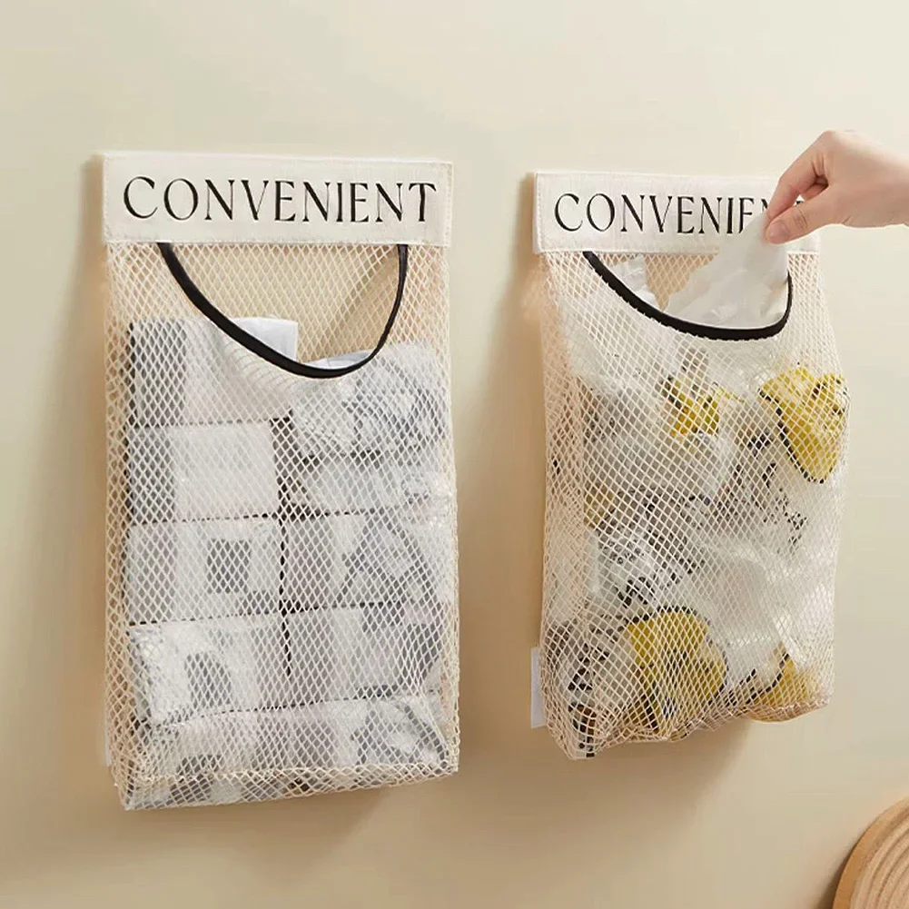 Wall Mount Mesh Storage Bag Garbage Bag Holder Plastic Shopping Bags Dispenser Sundries Bag Net Storage Grocery Bag Organizer