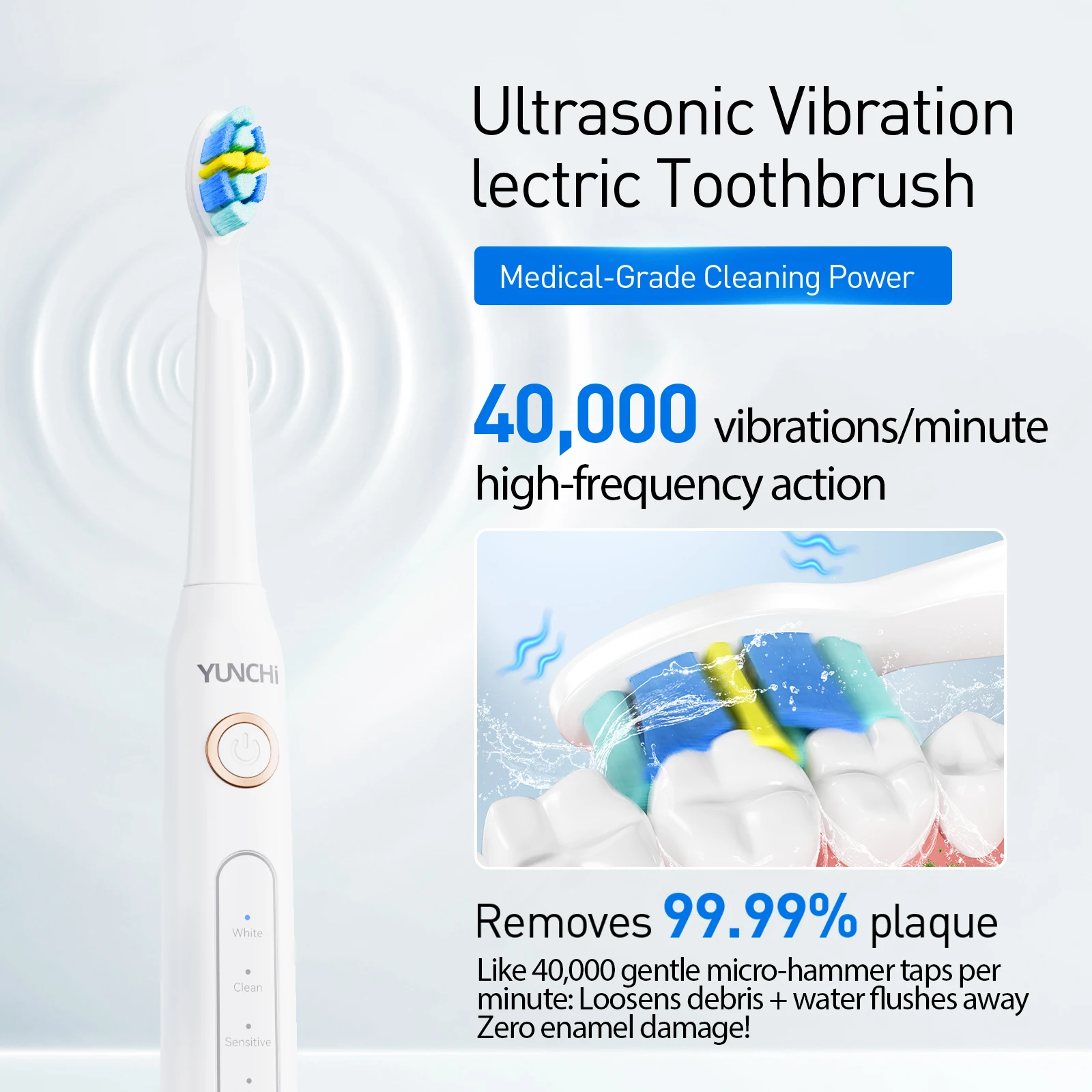 Escova de dentes elétrica ultrassônica YUNCHI com 5 modos de operação e 40000 vibrações de alta frequência. Carregamento USB, à prova d'água