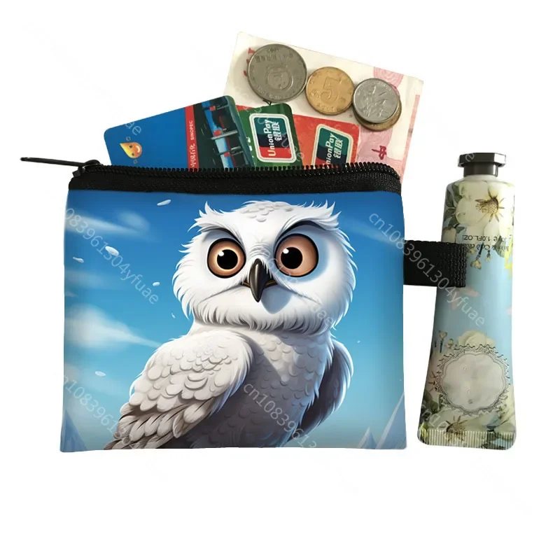 Cartoon Owl Illustration Coin Purse Cute Snowy Owl Colorful Crayon Painting Small Wallet Man Women Credit Holder Money Bags Gift