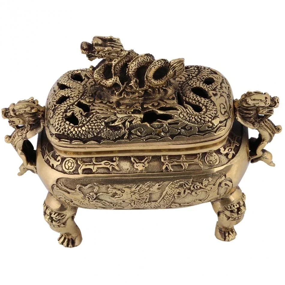 Top Quality Incense Burner With Lid Antique Bronze Copper Chinese Dragon Incense Burner Holder Creative Metal Craft Home Decor