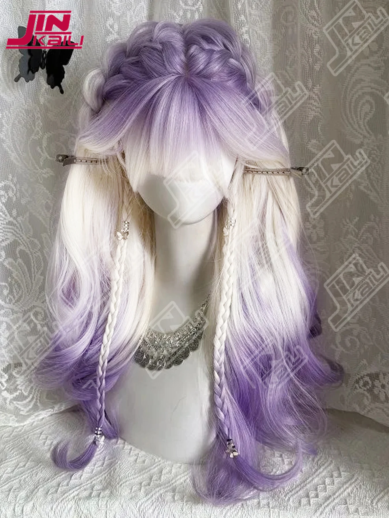JKL الاصطناعية النساء لوليتا متموج مجعد الحليب الأبيض التدرج البنفسجي اللون طويل مجعد خصلات الشعر المستعار مع الانفجارات شعر مستعار تأثيري #2