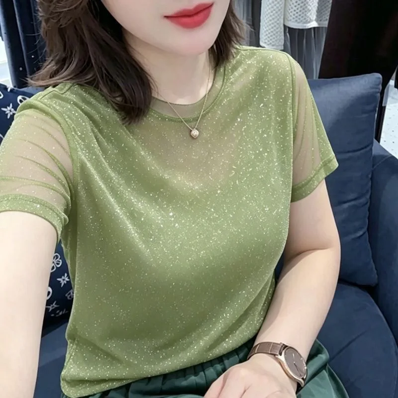 Green Short Sleeve T-Shirt Women Summer Loose Thin round Neck Body Shirt Micro Transparent Inner Mesh Base Bright Silk Slim Top