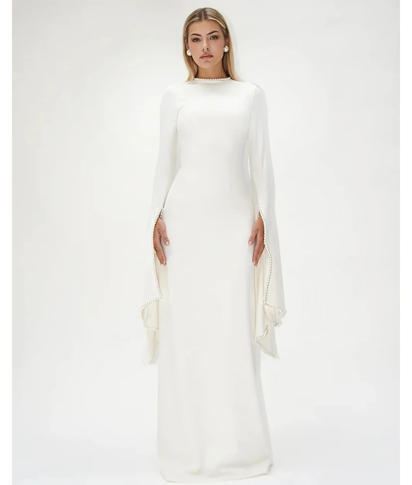 

Customized Formal Satin Straight Pearls Beading Evening Dress High Quality O-neck Long Sleeves Floor Length Celebrity Gowns