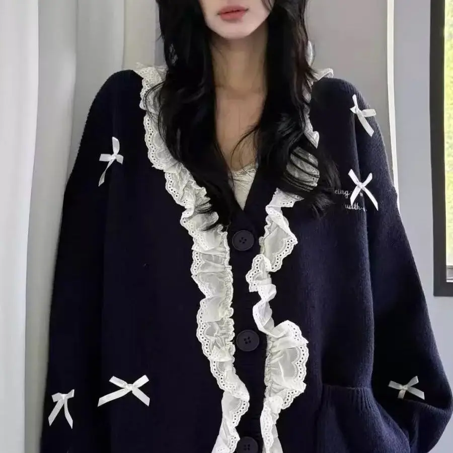 

Trendy Japanese Sweet Lace Bow Knit Cardigan Women's Autumn Winter Coat Knitwear Lazy Long-sleeved Top Sweater Single-Breasted