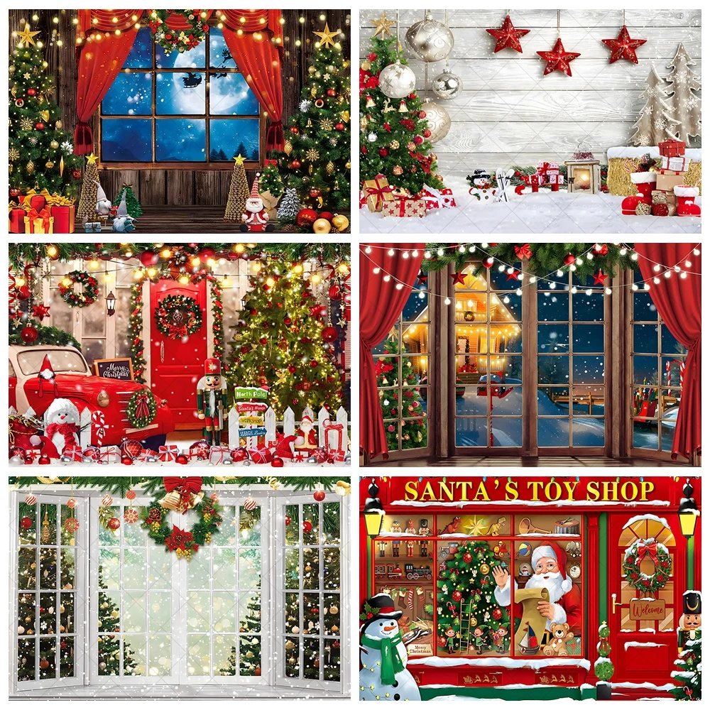 Christmas Photography Background Custom Window Curtain Fireplace Snow Xmas Tree Kids Adult Family Party Decor Photo Backdrops