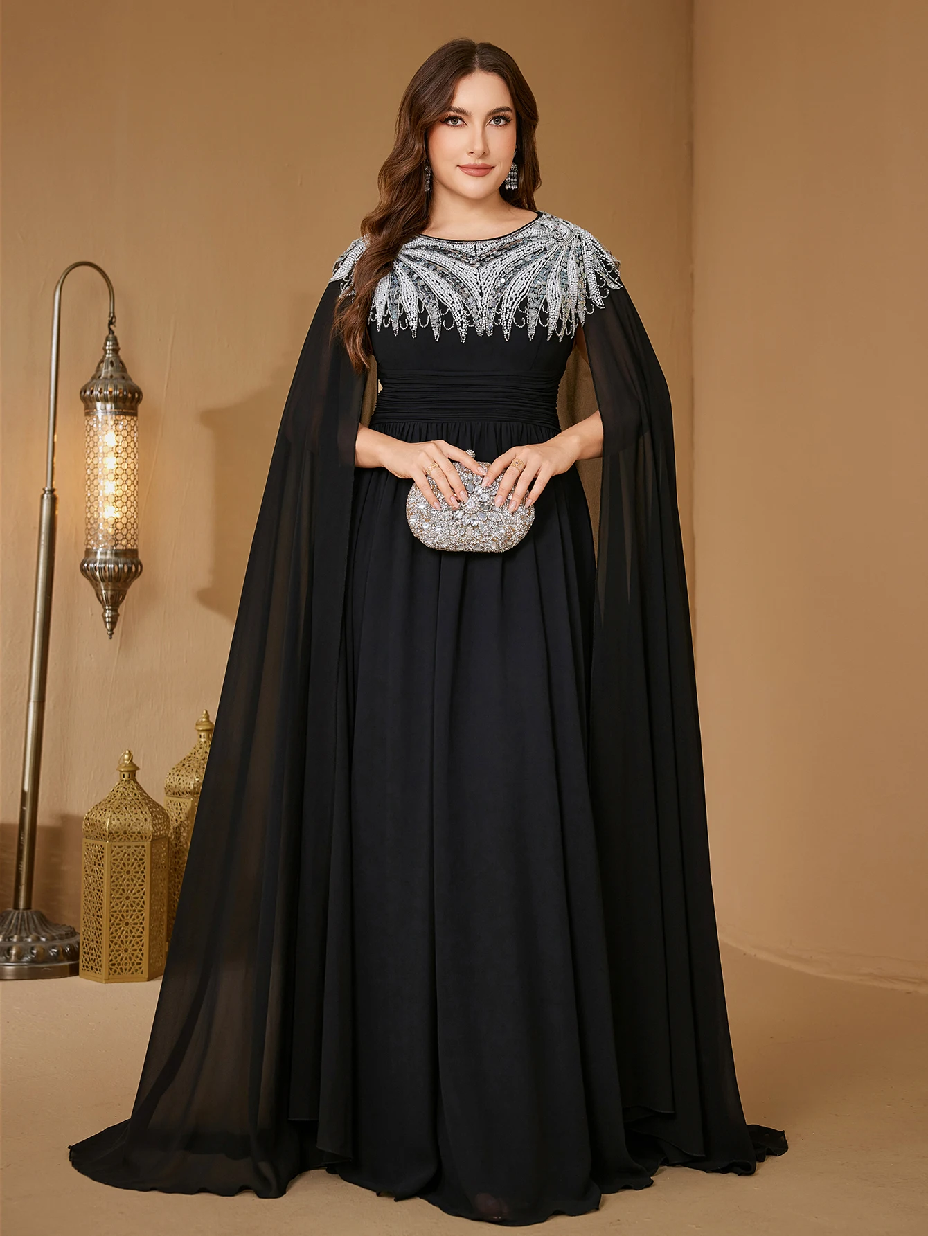 UNITHORSE Plus المرأة جولة الرقبة العائمة قطعة كم الترتر الخرز المرقعة Ruched الشيفون فستان السهرة