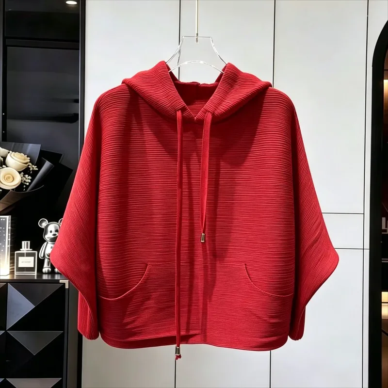Pleated Women's Sweatshirt 2026 Autumn New Simple Casual Fashion Loose Batwing Sleeve Plus Size Hoodie Stretch T-Shirt Clothing