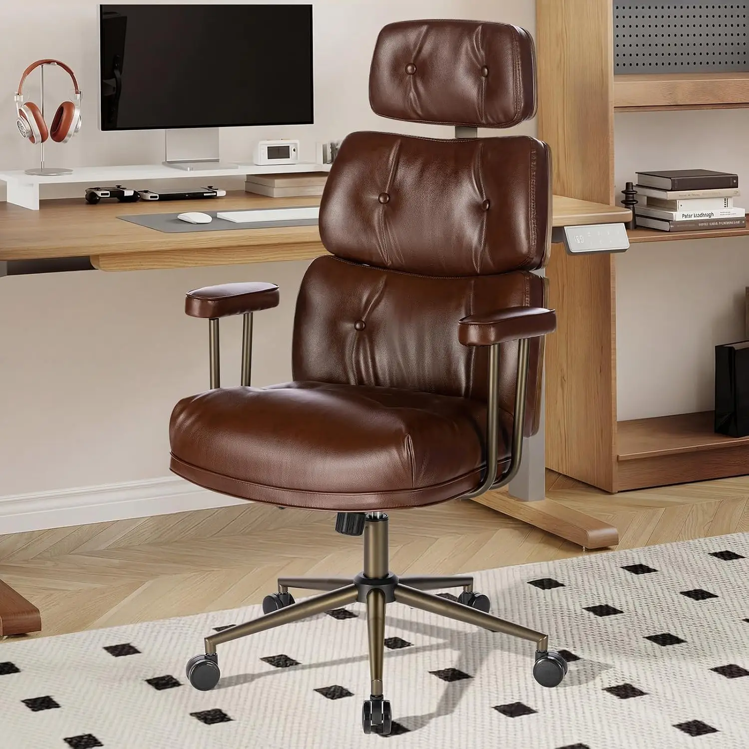 Mid-Century Modern Ergonomic Office Chair High Back Headrest Brown, Customized