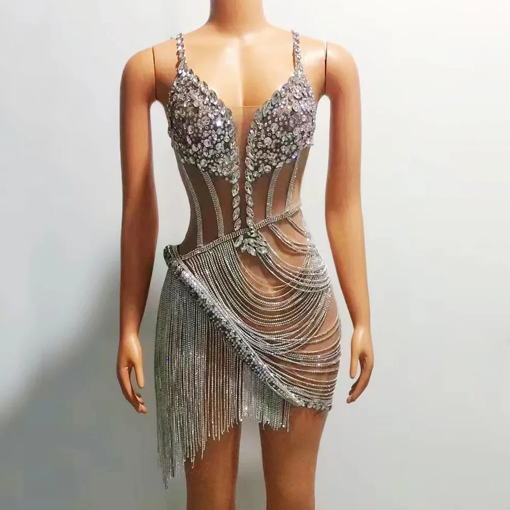 

Sexy Mesh Rhinestone Fringe Chains Short Dress V-neck Transparent Sling Women Birthday Wedding Party Tassel Dress Bar Stage Wear