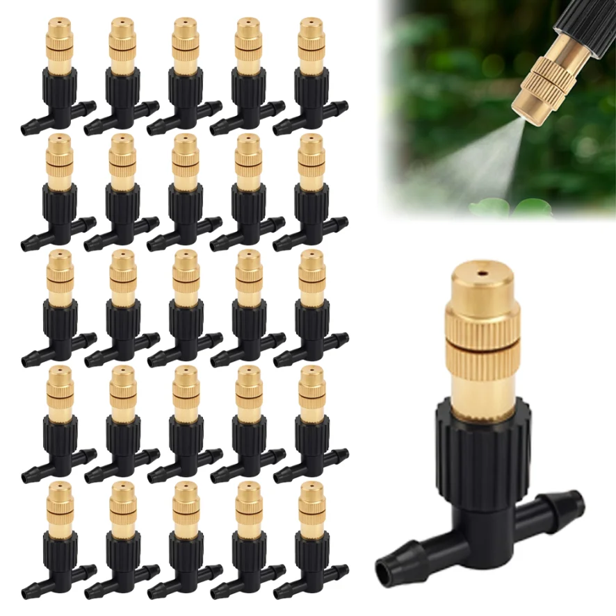 10-100PCS  4/7mm Hose Misting Watering Sprinkler Adjustable Brass Spray Nozzles with 1/4” Tee Joint for Garden Greenhouse Lawn