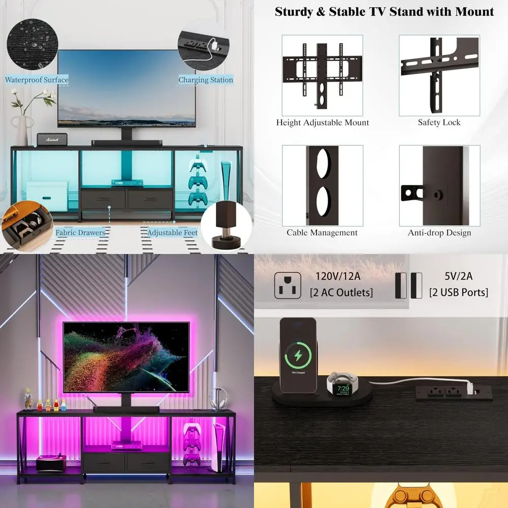 Black Adjustable Height TV Stand with LED Lights, Power Outlet, and Fabric Drawers for 50-75 TVs