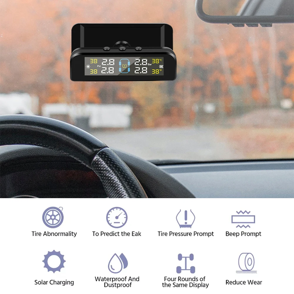 Automatic Brightness Control TPMS 4 Sensors Decoration Accessories Wireless Solar Power Monitor System Car Tire Pressure Alarm
