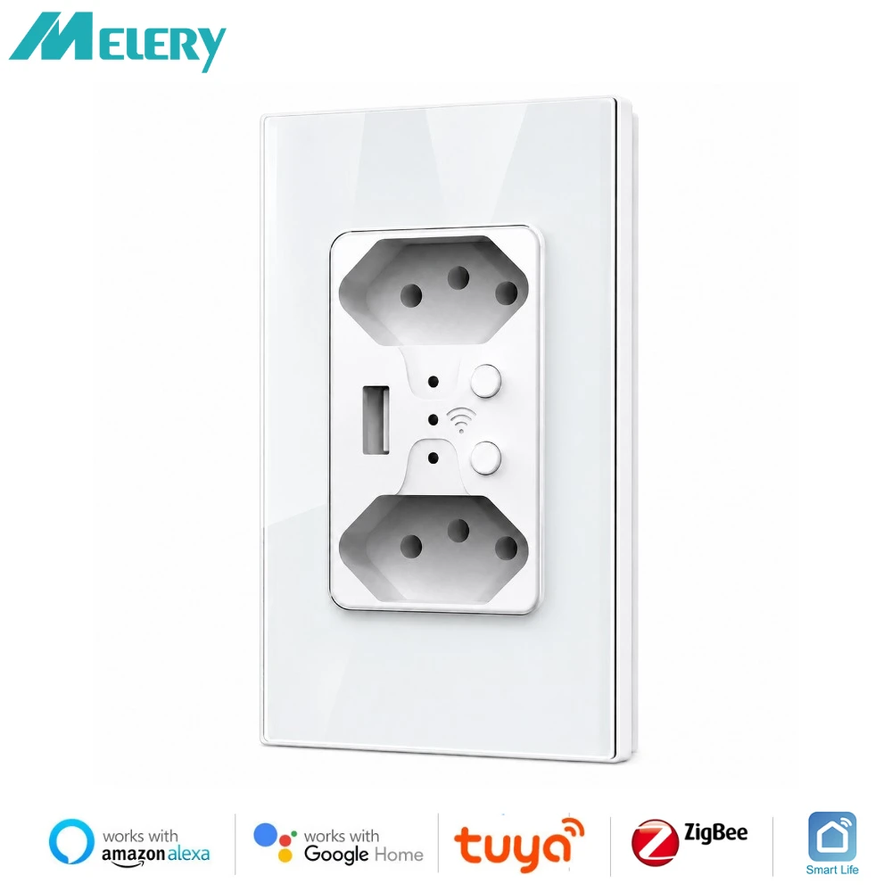 Melery Smart Zigbee 4*2 Brazil Wall Socket USB Plug 10A Tomada Outlets Glass Panel Remote by Tuya Alexa Google Home Hub Required