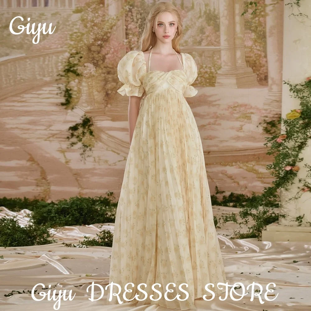 

Giyu Cream Color A-line Printing Evening Dresses Puff Sleeves Square Collar Pleat Prom Gowns Formal Occasion Party Dresses 2025