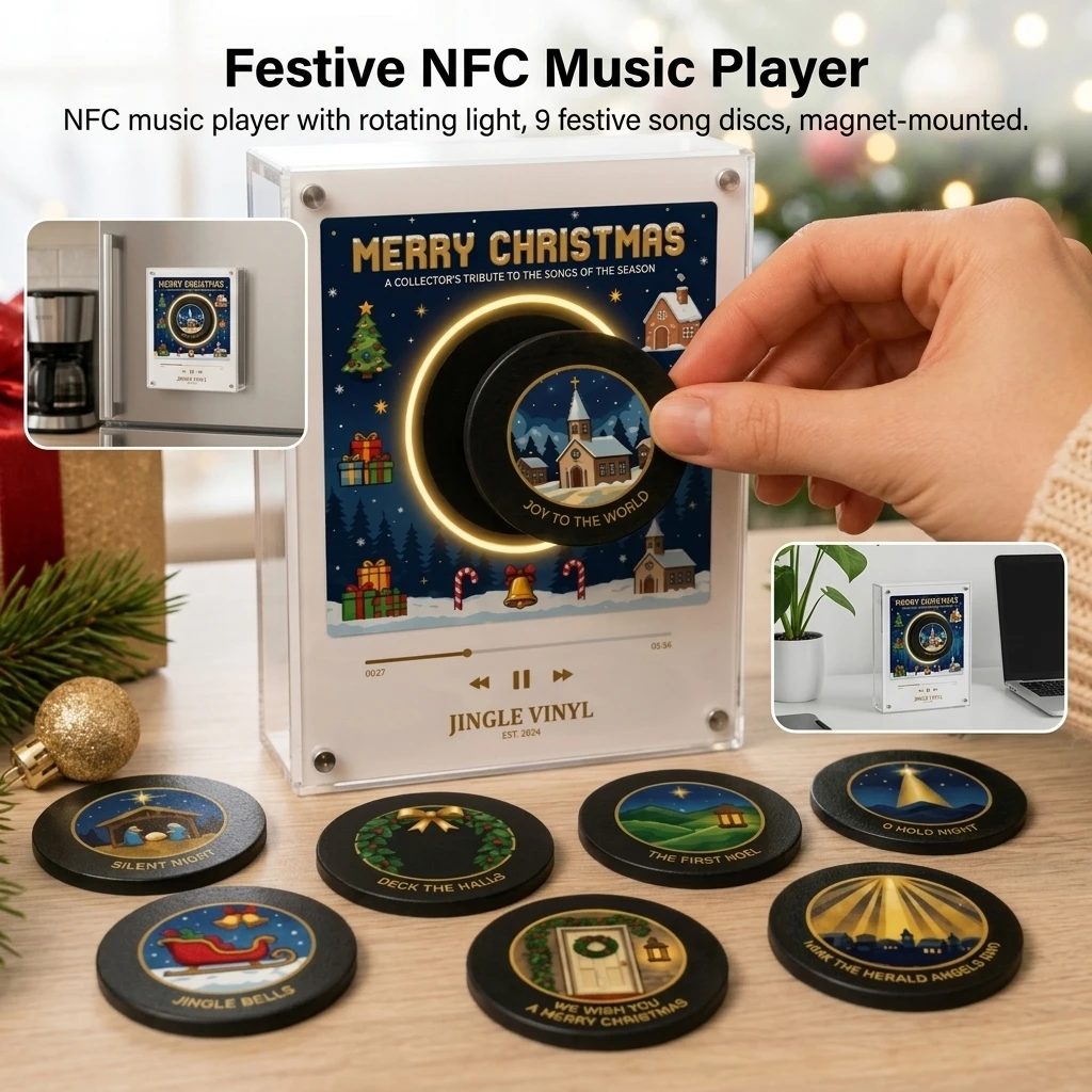 Music Box Acrylic Rotating Record Player Glowing NFC Fridge Magnet for Kitchen Decor Holiday Gift MP3 Speaker Type-C