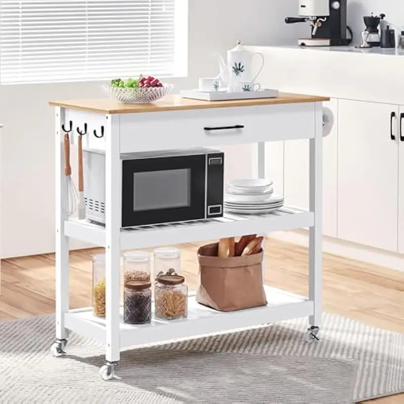 Mobile Kitchen Workstation with Tiered Storage Shelves Adjustable Towel Bar and Locking Casters Engineered Wood Construction Wat