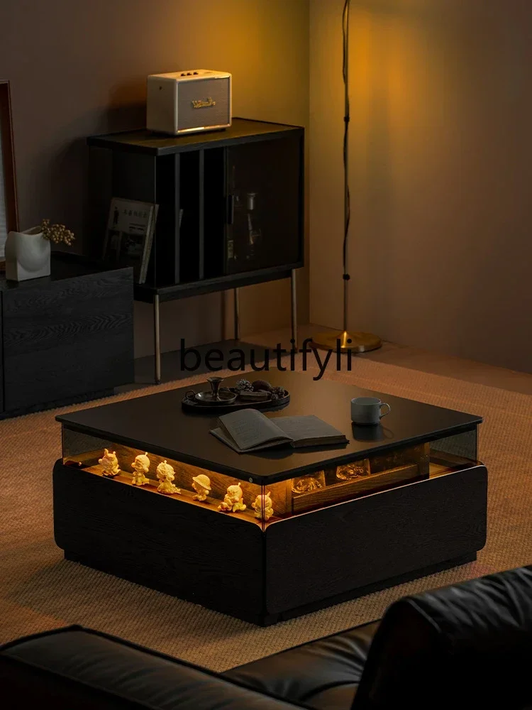 

Square rock slab coffee table lighting atmosphere solid wood with black modern minimalist home living room