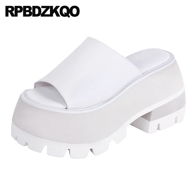 

Shoes Cow Leather Slides Peep Toe Women Gothic Super-high Slippers Large Size Block Pumps Fish Mouth Sandals High Heels Platform