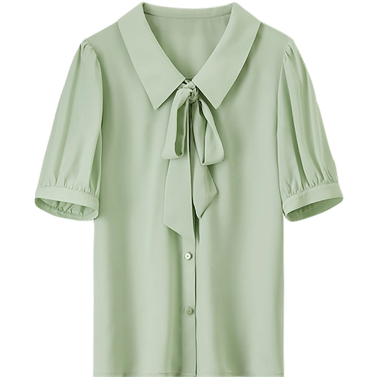 SENTUBILA Women's Puff Sleeve Blouse 2025 French Ruffle Tie Loose Green Short Sleeve Top for Office female Clothing 152C59366