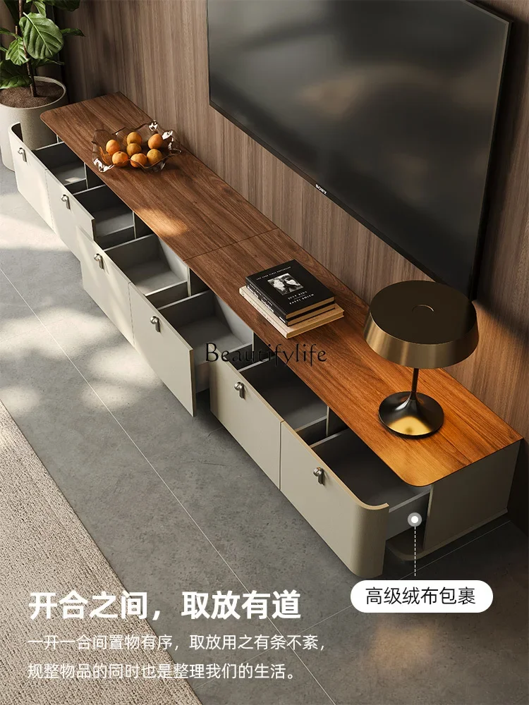 

5Italian minimalist super long TV cabinet household living room light luxury walnut high-end cabinet