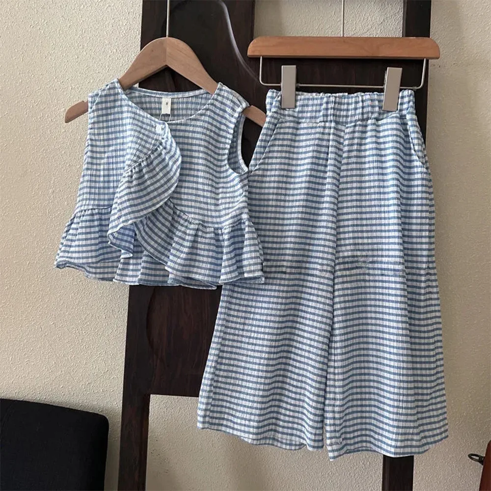 Sommer Blau kinder Sets Gestreiften Ärmellose Weste + Breite Bein Hosen Zwei-stück Set Kinder Kleidung Mädchen Casual Streifen mädchen Anzug