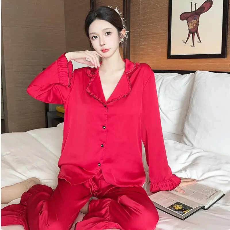 جديد الربيع/الصيف المرأة الحرير الجليد طويلة الأكمام رقيقة بيجامة مجموعة، الراقية الكورية الحلو وأنيقة الفتاة ملابس المنزل نمط جديد #6