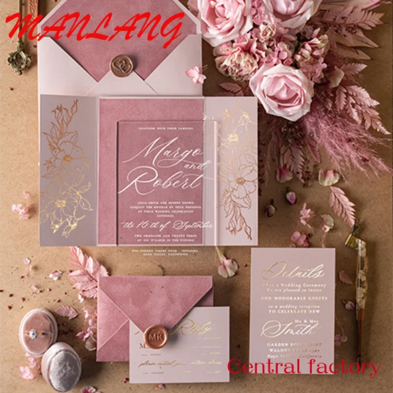 Sobre de terciopelo rosa para invitación de boda, tarjetas de invitación de boda con diseño acrílico Floral de Vellum, la mejor oferta