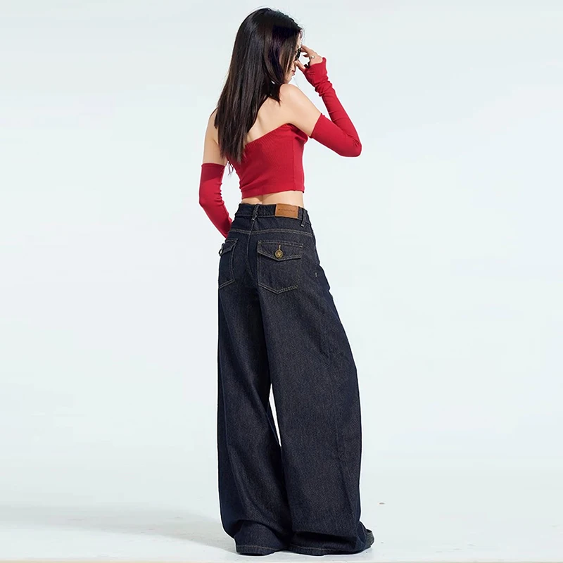 WCFCX STUDIOAutumn Women Jeans High Waist Baggy Casual Vintage Y2K Design Sense Straight Pants Streetwear Wide Leg Denim Trouser