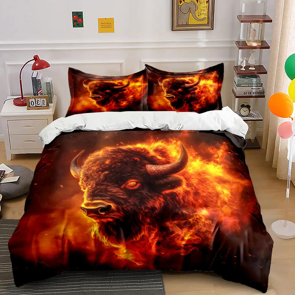 Fiery Bull Decor Set Bedding Set with 1 Duvet Cover 2 Pillowcases Single Double King Queen, Gift