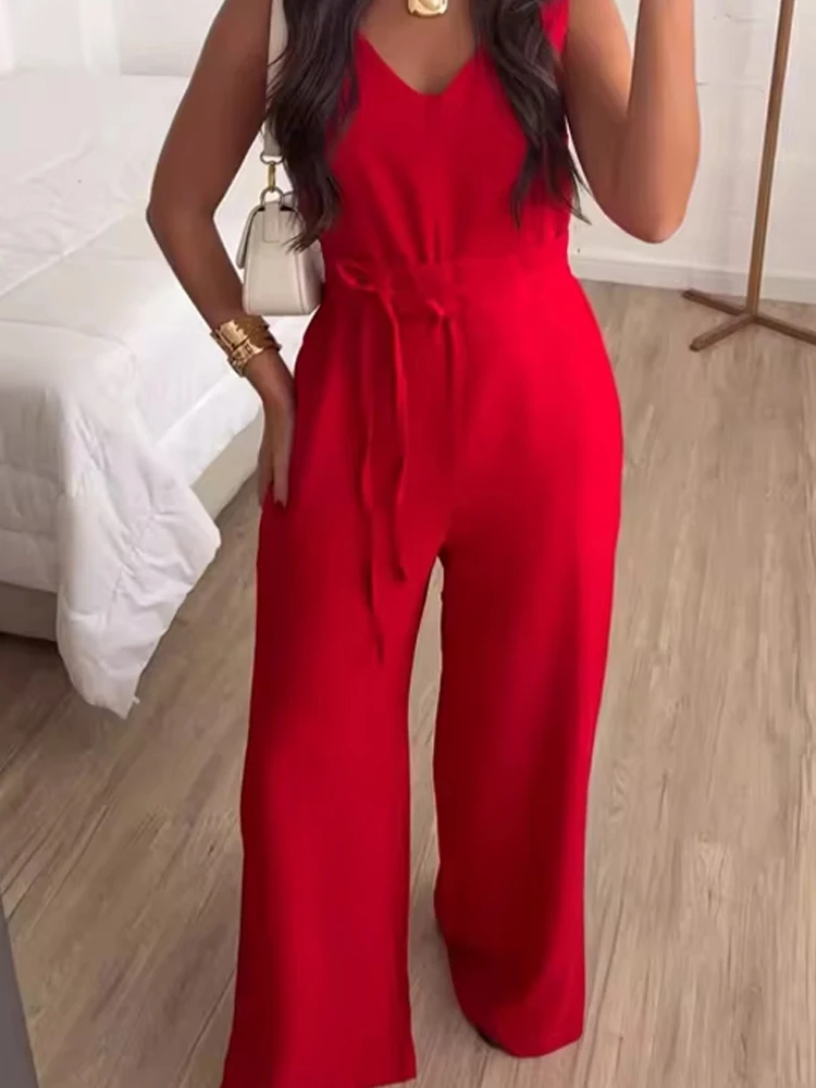 

Elegant V Neck Lace-up Waist Long Romper 2026 Woman Casual Sleeveless Pocket Solid Overalls Fashion Simple Loose Summer Jumpsuit