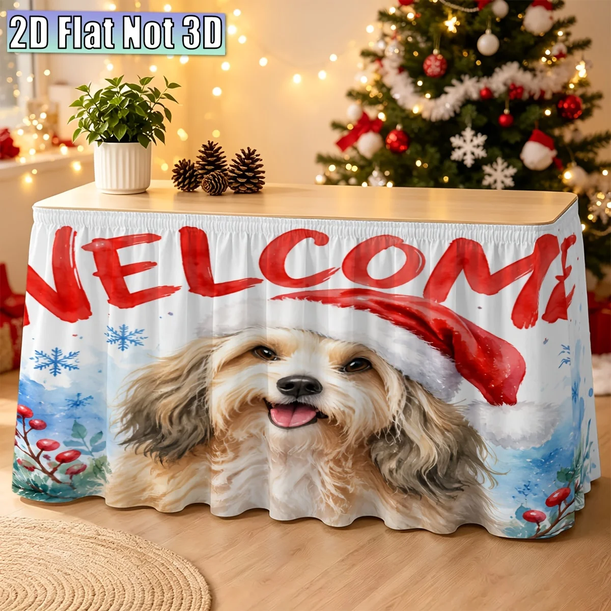2D flat, JIT, 1pc, party tablecloth, welcome Christmas puppy, pattern party table skirt, Christmas home decoration