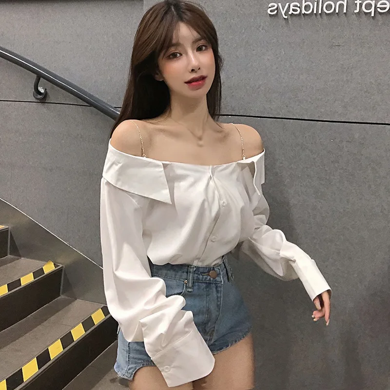 Loose Fit Women\'s Sexy Crop Top Solid Color Fashion Button Down Long Sleeve Off The Shoulder Elegant Shirt With Chain Decors