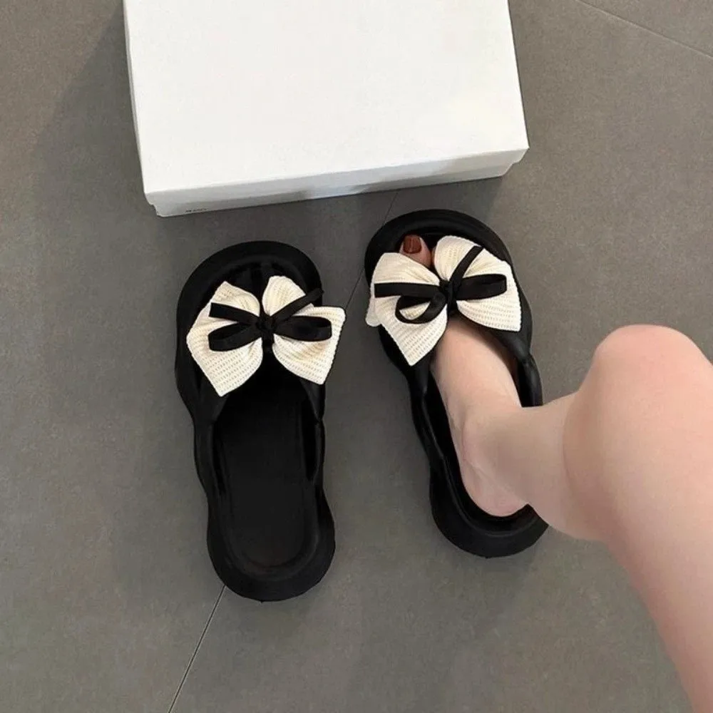 Non-slip Bowknot Cloud Slippers Black White Height Increasing Bow Slides Sandals Thick Soled Casual Thick Bottom Slippers view 4