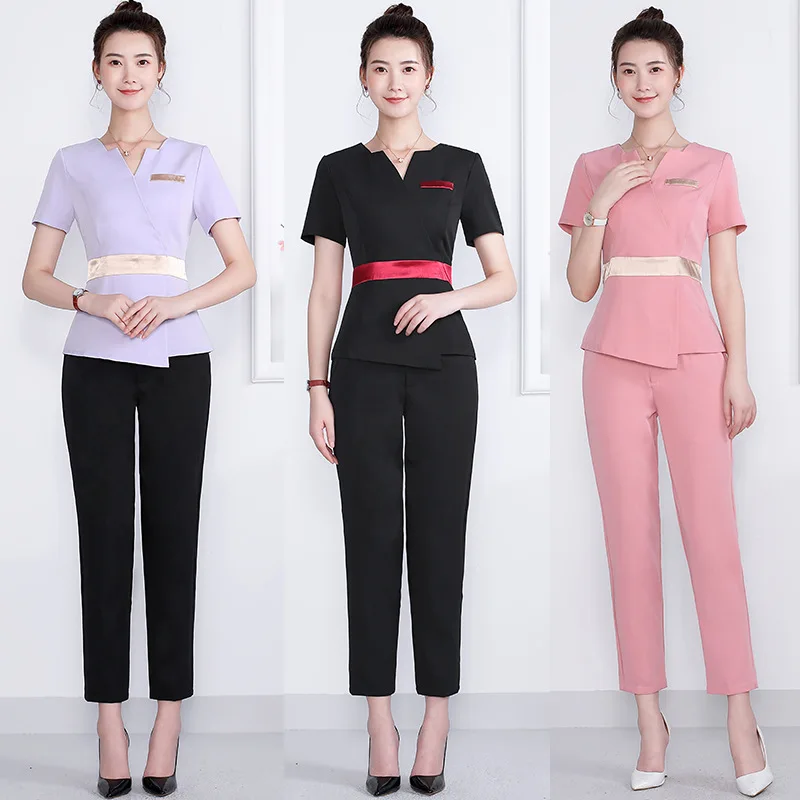 Beauty Salon Spa Uniform Waiter Beautician Massage Overalls Sauna Foot Bath Technician  Fashion Short Sleeve Suit