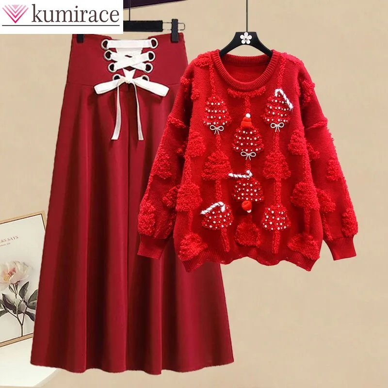 Winter New Embroidery Style Thickened Knitted Sweater Pullover Lace Up Pleated Half Skirt Two Piece Elegant Women\'s Party Dress