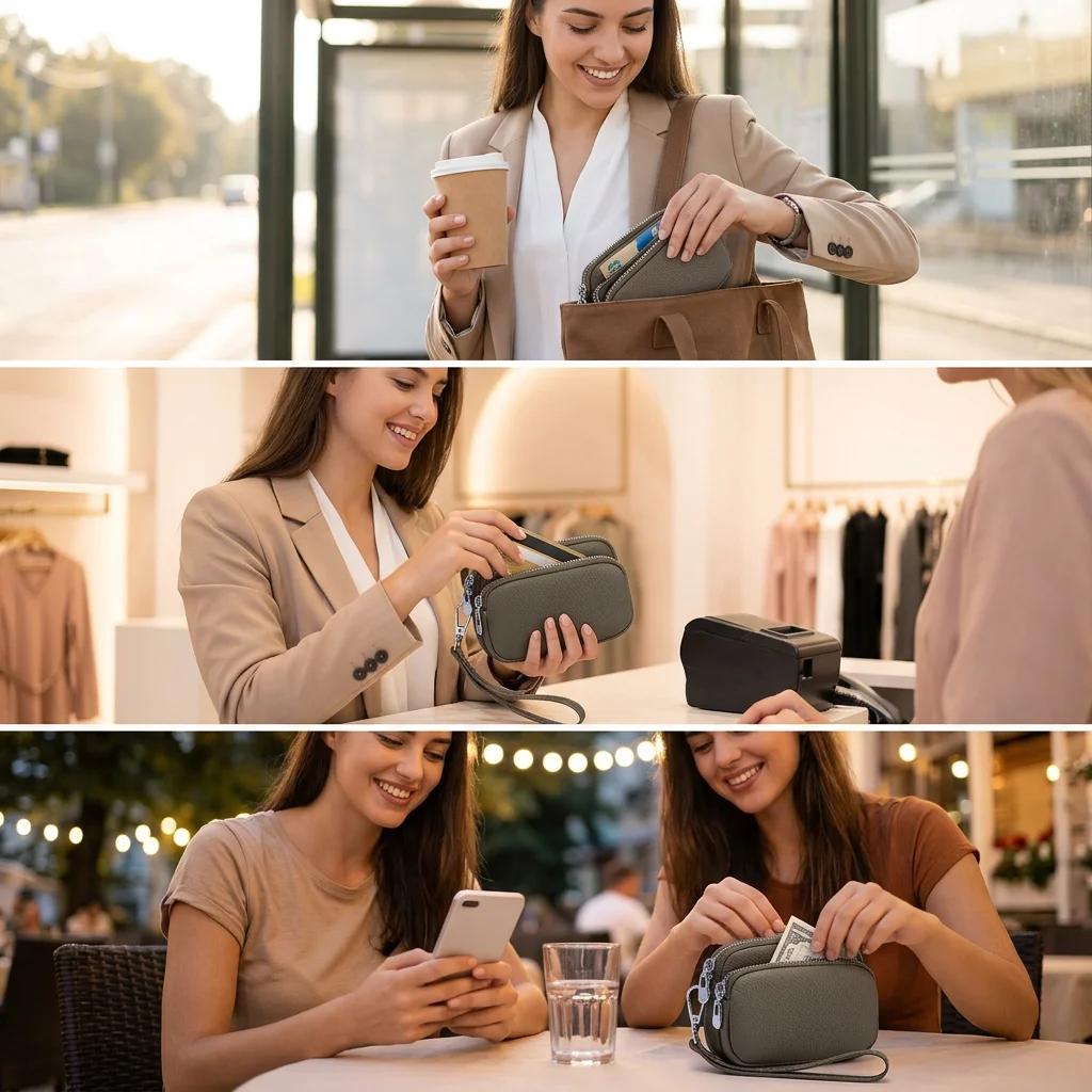 Women's Leather Double Zipper Coin Purse Large Capacity Mini Clutch Wallet with Card Slots Premium Top Layer Cowhide Compact