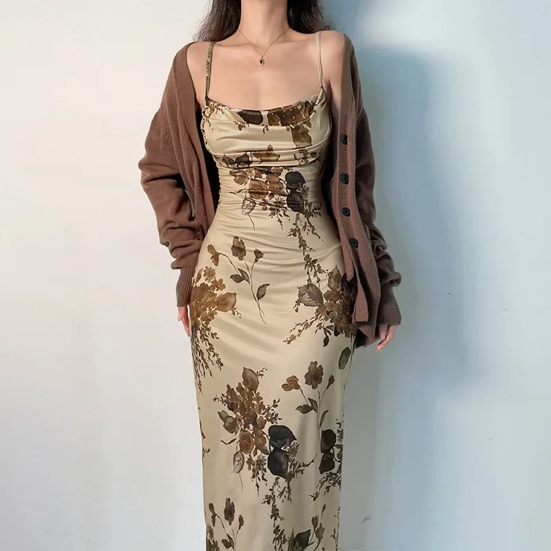 

Summer Floral Print Maxi Dress Female Y2K Backless Straps Fashion Elegant Party Sexy Dress Korean Style Beach Bodycon Dress